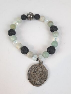 Spanish colonial-style shipwreck coin charm beaded stretch bracelet.